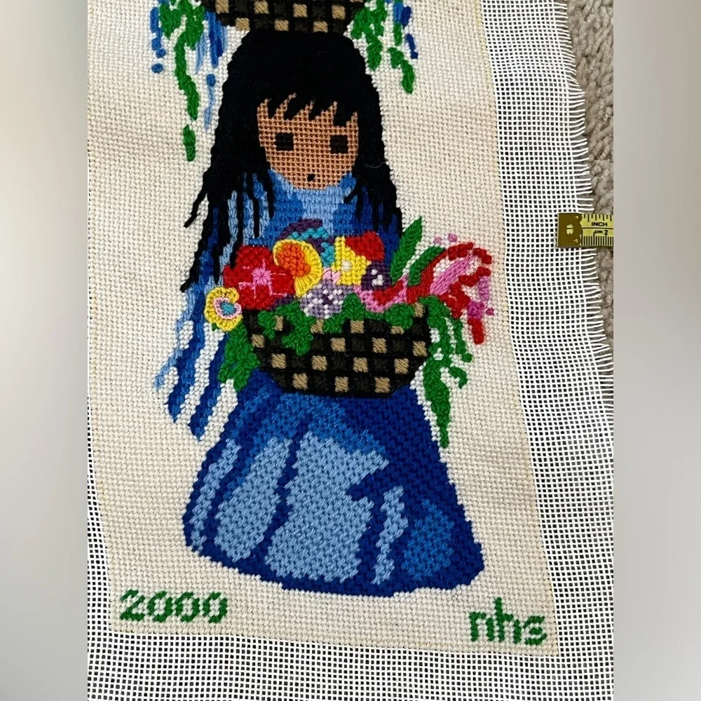 Colorful Floral Needlepoint Artwork Vintage FINISHED AND UNFRAMED 9.5”x 20”